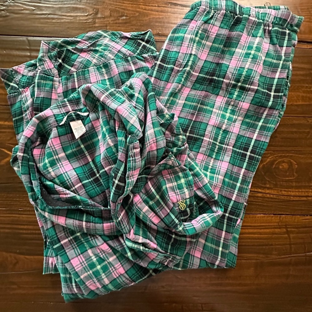 Victoria Secret Plaid Flannel Pajama Set Green Pink Gold Lurex XL 2 Piece PJ